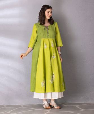 Lime green cotton linen kurta set 1