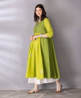 Lime green cotton linen kurta set 2