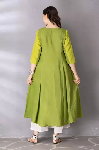Lime green cotton linen kurta set
