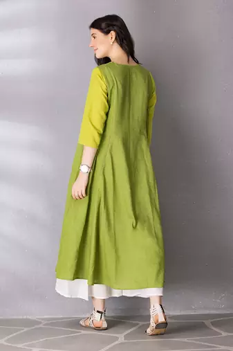 Lime green cotton linen kurta set