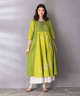 Lime green cotton linen kurta set 5