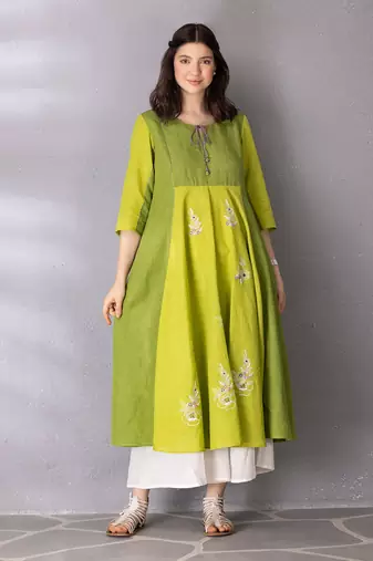 Lime green cotton linen kurta set