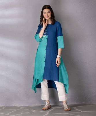 Turquoise cotton linen kurta set 1