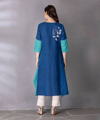 Turquoise cotton linen kurta set 2
