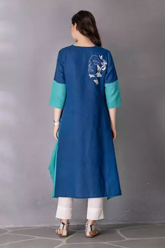 Turquoise cotton linen kurta set