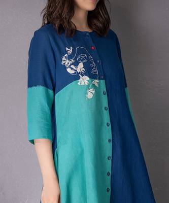 Turquoise cotton linen kurta set 3