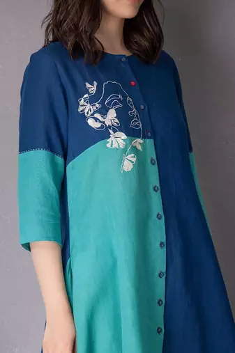 Turquoise cotton linen kurta set