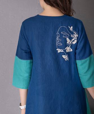 Turquoise cotton linen kurta set 4