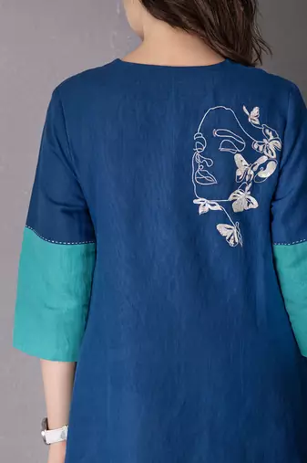 Turquoise cotton linen kurta set