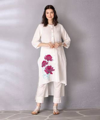 White tunic - cotton linen, pant - cotton linen kurta set 1