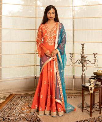 Tangerine orange modal silk anarkali set 1