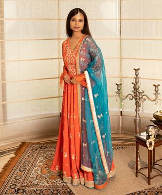 Tangerine orange modal silk anarkali set 2