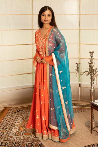 Tangerine orange modal silk anarkali set