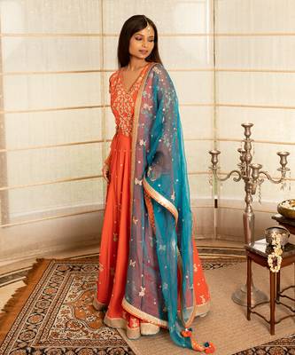Tangerine orange modal silk anarkali set 3