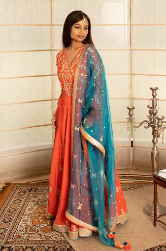 Tangerine orange modal silk anarkali set
