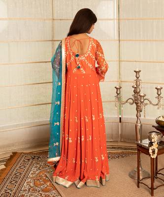 Tangerine orange modal silk anarkali set 4