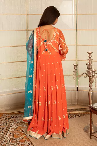 Tangerine orange modal silk anarkali set