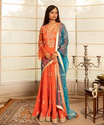 Tangerine orange modal silk anarkali set 5