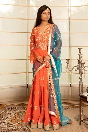 Tangerine orange modal silk anarkali set