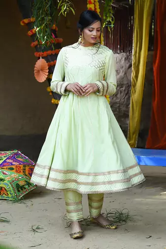 Mint green mul silk anarkali set