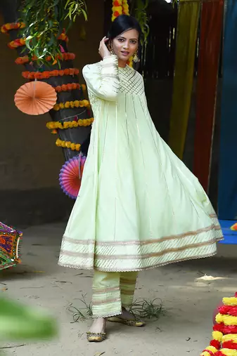 Mint green mul silk anarkali set