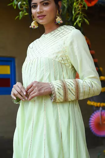 Mint green mul silk anarkali set