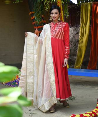 Red twill cotton anarkali set 1