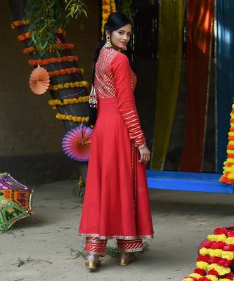 Red twill cotton anarkali set 2