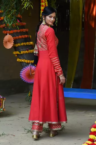 Red twill cotton anarkali set