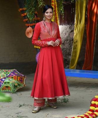 Red twill cotton anarkali set 3