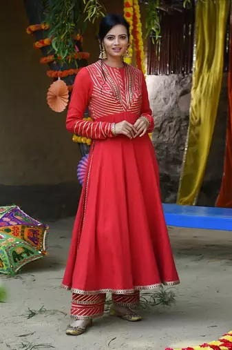 Red twill cotton anarkali set