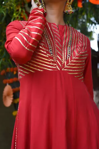 Red twill cotton anarkali set
