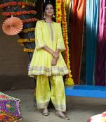 Lime green mul silk anarkali set
