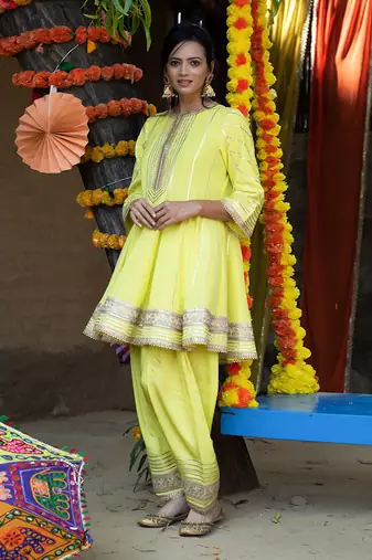 Lime green mul silk anarkali set