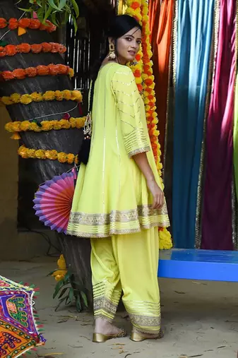 Lime green mul silk anarkali set