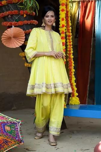 Lime green mul silk anarkali set