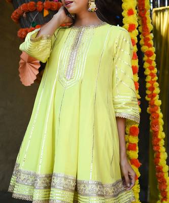 Lime green mul silk anarkali set 5