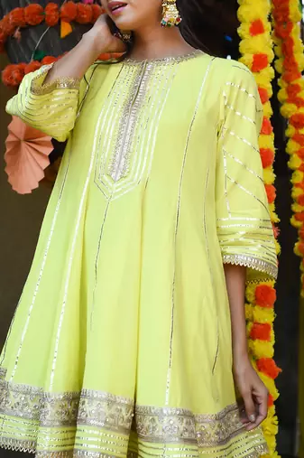 Lime green mul silk anarkali set