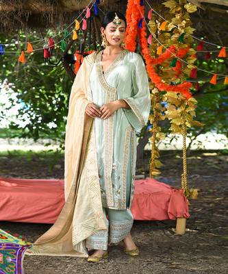 Sea green mul silk kurta set 1