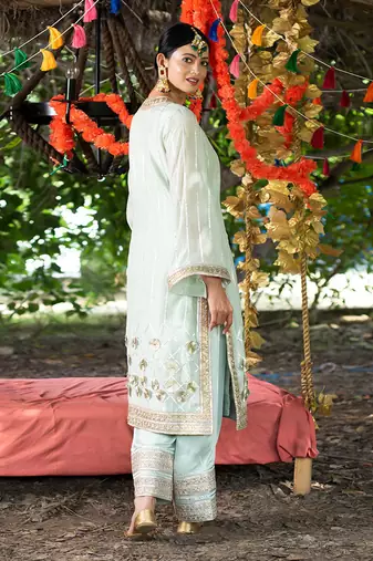 Sea green mul silk kurta set