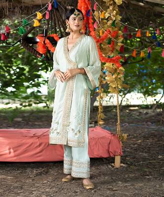 Sea green mul silk kurta set 4