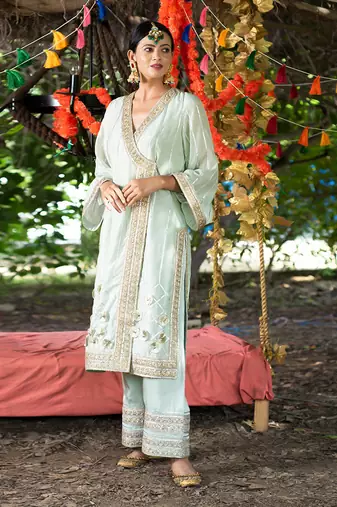 Sea green mul silk kurta set