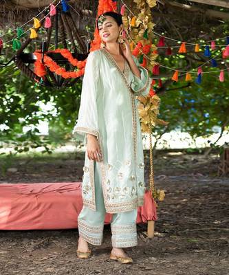 Sea green mul silk kurta set 5
