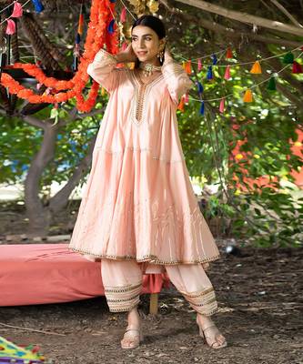 Peach twill cotton anarkali set 1