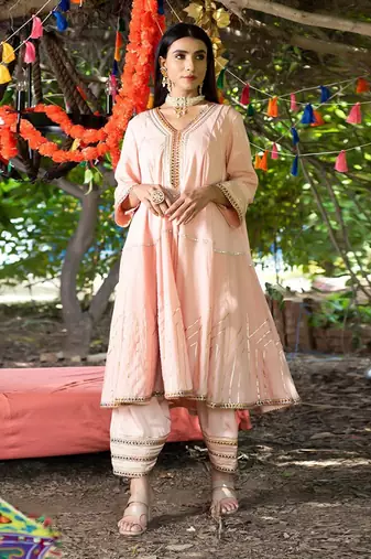 Peach twill cotton anarkali set