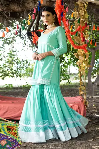 Aqua twill cotton sharara set