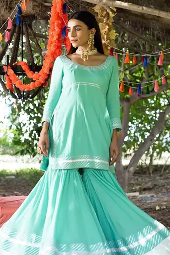 Aqua twill cotton sharara set