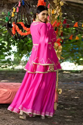 Fuchsia twill cotton sharara set