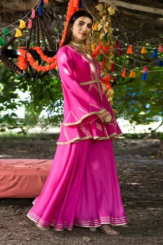 Fuchsia twill cotton sharara set