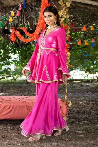 Fuchsia twill cotton sharara set
